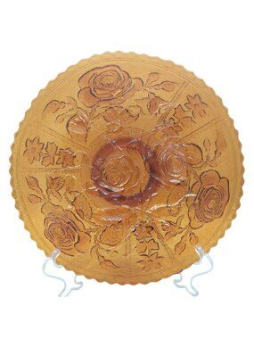 Imperial Carnival Glass Footed Plate Open Rose Lustre 9" Marigold Scalloped Vtg